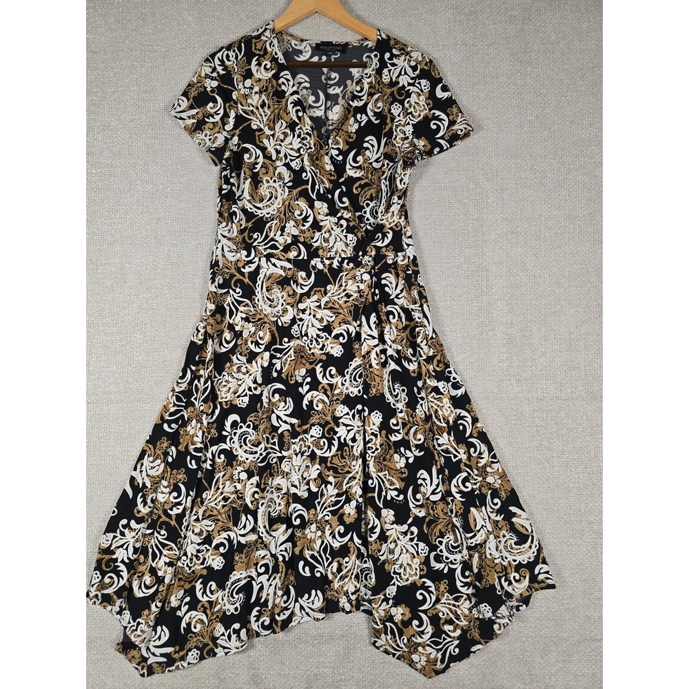 Perceptions New York Womens Black Tan Scroll Paisley Handkerchief Hem Dress L